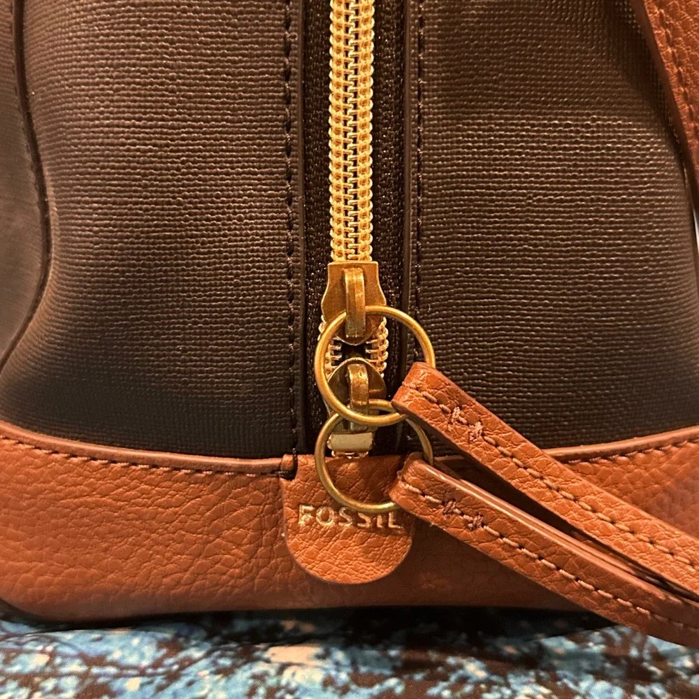 Fossil Sydney Satchel Black Brown Leather Trim Crossbody Bag